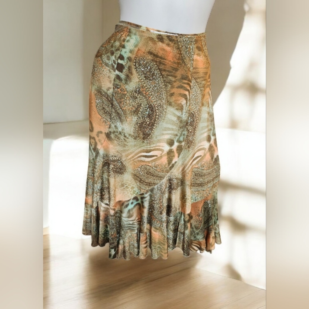 Joseph Ribkoff Flowy Skirt in Peach, Sage & Brown Print